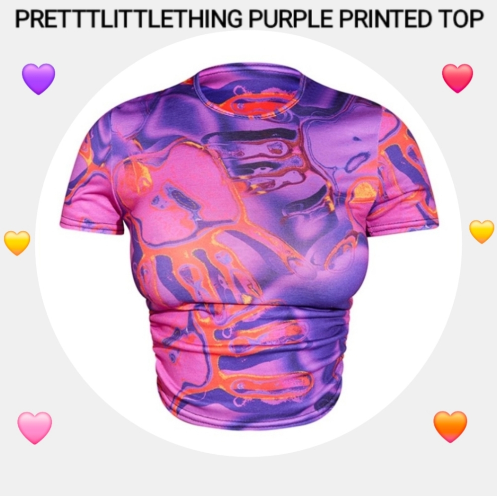 PrettyLittleThing Purple Printed Ruched Side Short Sleeve Top, Size 12